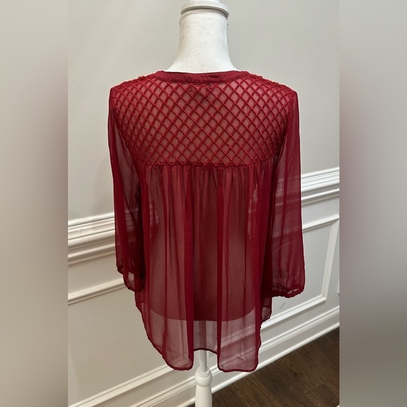 Lucky Brand Red Sheer Boho Embroidered 3/4 Sleeve Blouse with Tassels Sz S - Picture 4 of 9